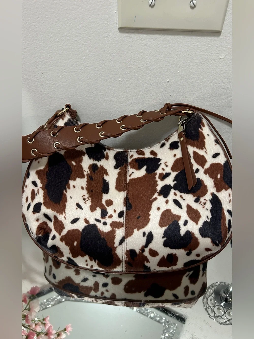 Madden NYC Cow Print Faux Fur Hobo Shoulder Bag Western NWT